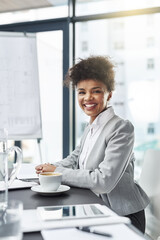 Portrait, business and black woman with investment, accountant and financial advisor with smile. Person at desk, professional or broker with startup and corporate with confidence or economist analyst