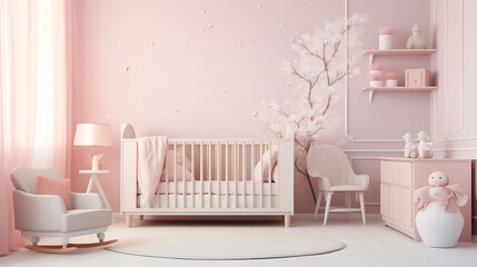 Pastel Pink Nursery:  a soft and soothing nursery with pastel pink walls, white crib and furniture, and touches of soft gray, perfect for a calming and nurturing environment
