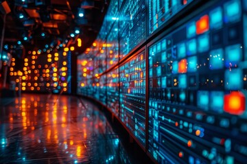 Fototapeta premium This image showcases the interior of a futuristic data center with rows of server racks and vibrant blue LED lighting