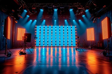 A vibrant stage set up with modern lighting equipment and a glowing LED screen backdrop, ready for a performance - obrazy, fototapety, plakaty