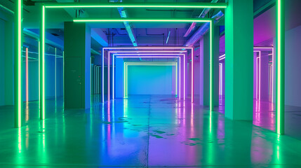 A dark hallway with green and blue neon lights on the walls and ceiling.