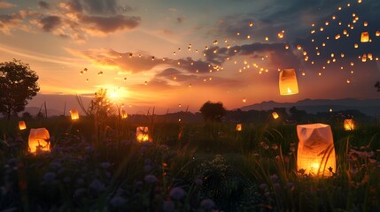 Tranquil Meadow Twilight Transformed by Floating Lanterns - obrazy, fototapety, plakaty