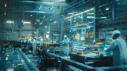 Fototapeta premium HD capture of engineers working on a high-tech production line with interactive holographic displays.