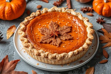 Luxurious autumn pumpkin pie topped with a beautiful pastry leaf and surrounded by fall decorations - obrazy, fototapety, plakaty