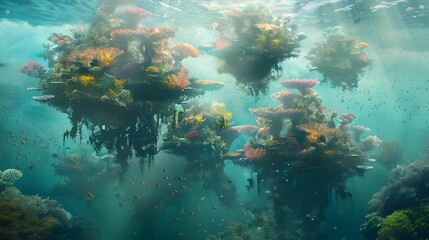 Naklejka na ściany i meble Dreamy Seascape: Floating Islands of Vibrant Coral and Marine Life Create a Magical Underwater World Above the Surface