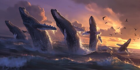 Majestic whales leap from the water's surface against a stunning sunset backdrop, illustrating nature's grandeur and marine life beauty - obrazy, fototapety, plakaty