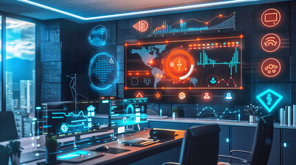 A financial specialist who uses advanced technologies and analytical tools to work with data in a modern office, where the integration of big data, virtual screens  