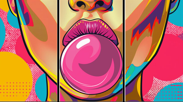 3 panel wall art, Wow pop art. Woman face lips blowing bubble with a pink bubble gum. colorful background in pop art retro. Pop art poster usable for interior design.