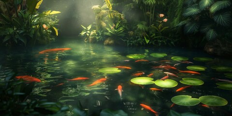 Fototapeta na wymiar Serene Koi fish swim beneath the lily pads in a tranquil garden pond, encapsulating peace, harmony, and integration with nature