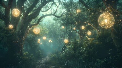 An Enchanted Ancient Forest Illuminated by Mystical Orbs at Dusk - obrazy, fototapety, plakaty
