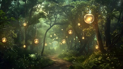 Ancient Forest Illuminated by Mystical Orbs at Dusk - obrazy, fototapety, plakaty