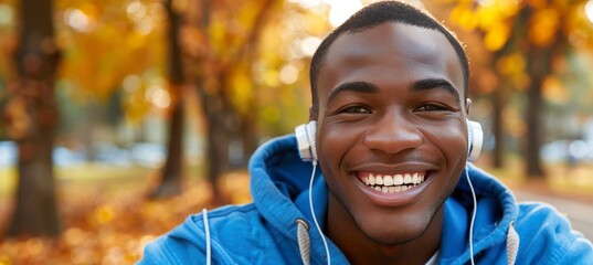 Athletic young man in sports attire listening to music through headphones while outdoors - obrazy, fototapety, plakaty