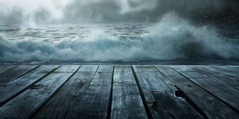 A sturdy wooden jetty faces the roiling turmoil of an ocean storm, encapsulating human perseverance and the might of nature