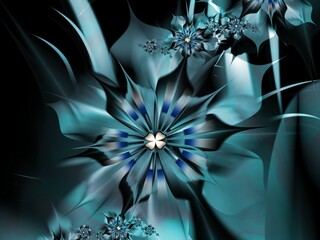 Fractal image with blue flowers. Template with a place to insert text.Fractal flower rendered by mathematical algorithm. Computer background, printing labels, labels, etc.