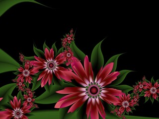 Fractal image with flowers. Template with a place to insert text. Red background fractal illustration with flower. Fractal  image. Digital artwork for creative graphic design.