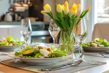 Beautiful table setting with spring Cobb salad with avocado, eggs,  croutons and lemon dressing - 787232902