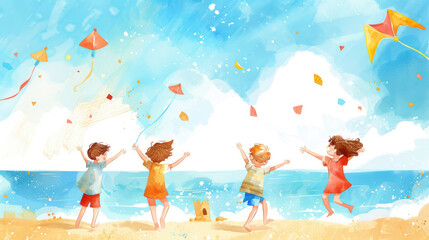 Group of children of diverse ethnicities and genders flying colorful kites on a sandy beach on a sunny day. The kites soar in the clear blue sky as the children run and laugh