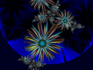 Fractal image with blue flowers. Template with a place to insert text.Fractal flower rendered by mathematical algorithm. Computer background, printing labels, labels, etc.