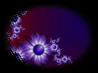 Fractal image in an oval frame with flowers on a dark background..Template with place for inserting your text.Multicolor flowers.
