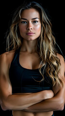 Studio portrait of a young adult fitness and muscular woman, looking at camera with a serious look and crossed arms. Black Background. Studio shot. Generative Ai.