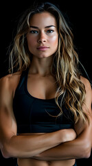 Fototapeta premium Studio portrait of a young adult fitness and muscular woman, looking at camera with a serious look and crossed arms. Black Background. Studio shot. Generative Ai.