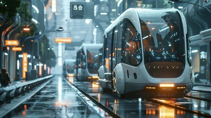 A futuristic city embracing innovation with self-driving buses and integrated traffic control systems for enhanced urban mobility - obrazy, fototapety, plakaty