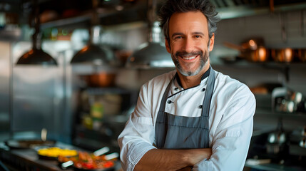 Portrait of a middle-aged male chef in a professional kitchen looking at the camera and smiling cheerfully. Generative Ai