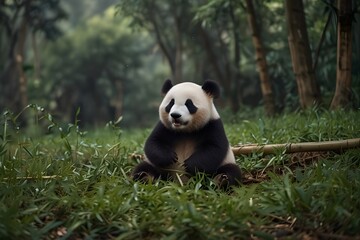 Cute baby panda eating bamboo in the forest, AI generated image. - obrazy, fototapety, plakaty