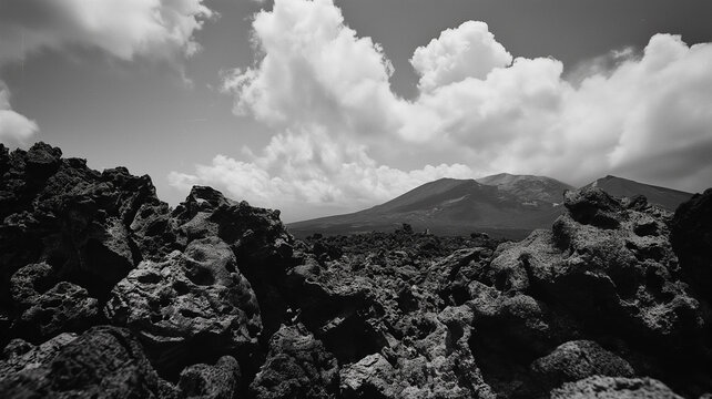 Mountain image captured in black and white tones. Mountain surrounded by rocks and cloudy sky. Landscape photography. Gloomy and depressing image of mountains and sky.