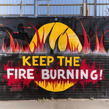 Street art graffiti wall Naidoc week quote KEEP THE FIRE BURNING Australia Indigenous Aboriginal red yellow black spray painted graf paint artist tag blak Australian backdrop sun background painting