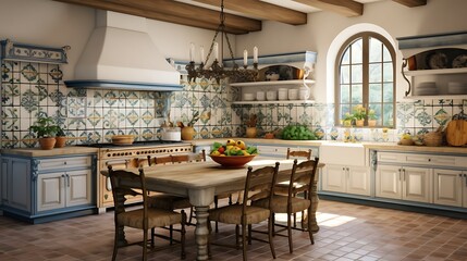 Fototapeta na wymiar Plan a charming Italian Renaissance kitchen with marble countertops, hand-painted ceramic tiles, and an antique farmhouse table for family gatherings