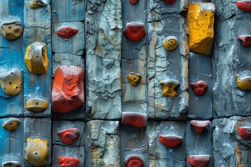 Close-up of assorted colorful climbing holds on a weathered grey wall, depicting age and usage