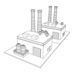 Industrial factory. Plant or Factory Building. Manufacturing building. Wireframe low poly mesh vector illustration.