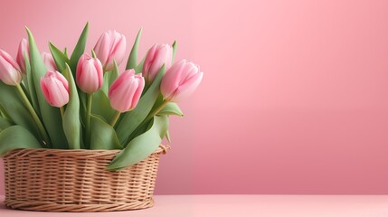 A tranquil display of pink tulips arranged in a wicker basket on a pastel background