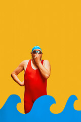 Man in swimming attire covered nose diving to children's pool with abstract water against yellow...