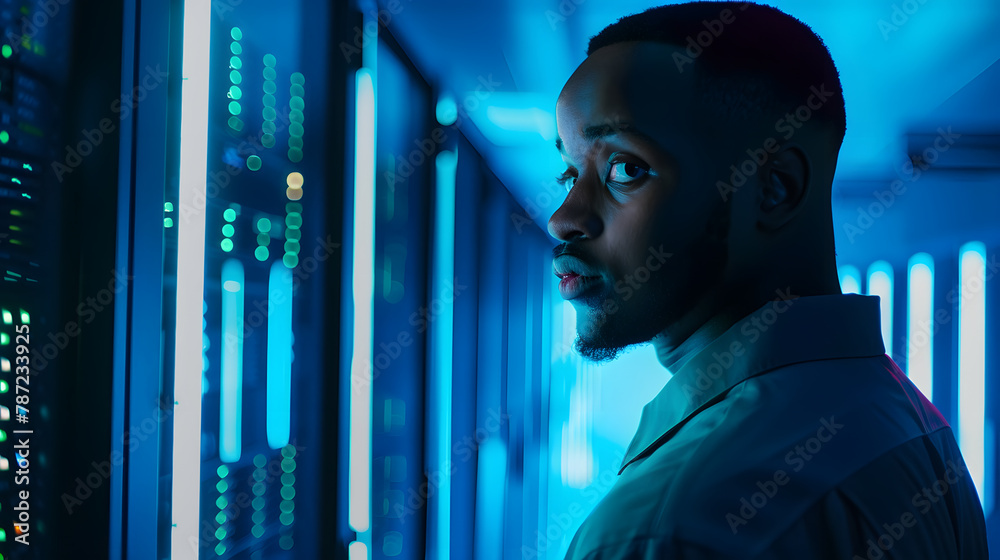 Poster Waist up portrait of African American data engineer looking at camera while working with supercomputer in server room lit by blue light copy space : Generative AI