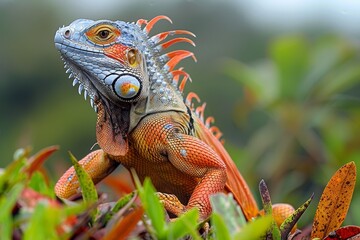 A majestic orange iguana perches confidently amongst lush green foliage, showcasing its detailed scales and spines