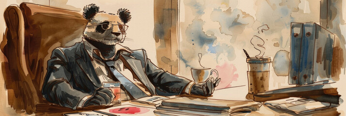 A drawing depicting panda man seated at a desk, engaged in work or study
