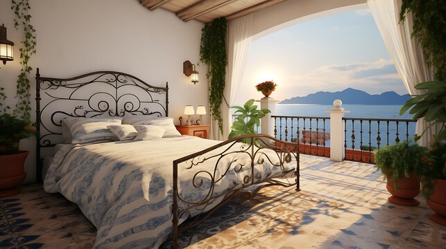 Plan a classic Mediterranean villa bedroom with wrought iron bed, terracotta floors, and a balcony overlooking the sea