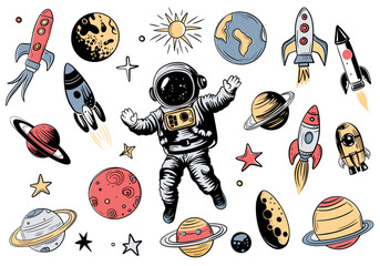 Hand drawn space elements. Colorful set of space objects doodles