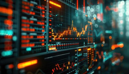 Turbulent Trading Screens, Capture close-up shots of computer screens displaying fluctuating stock prices, trading charts, and market indices to depict the dynamic nature of financial markets during p