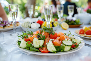 Beautiful table setting in the garden with Greek salmon salad and blurred people dining in the background - 787234333