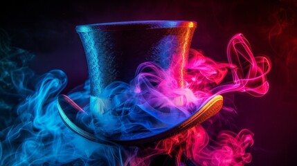 Stylish top hat, decorated with neon smoke gracefully swirling around it - obrazy, fototapety, plakaty