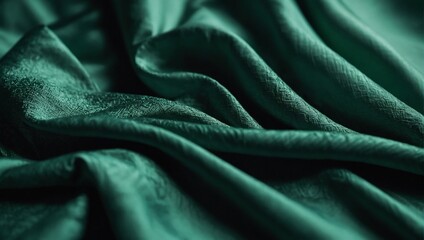 3D render, abstract background with creased fabric, green cloth macro, fashion wallpaper wavy layers.