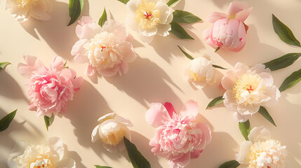 Aesthetic arranged flatlay peonies with copy space and sunlight shadows on neutral beige background Top view : Generative AI