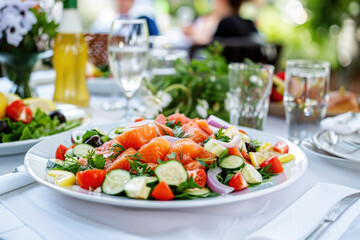 Beautiful table setting in the garden with Greek salmon salad and blurred people dining in the background - 787234518