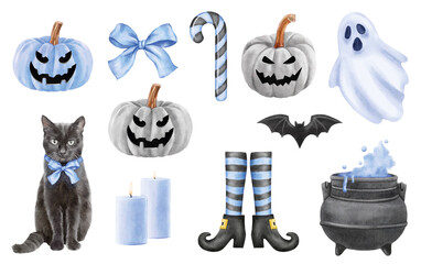 watercolor halloween set of isolated hats, bats and pumpkins on the white background