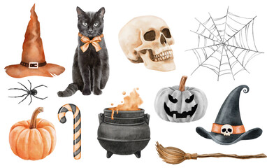 watercolor halloween set of isolated hats, bats and pumpkins on the white background