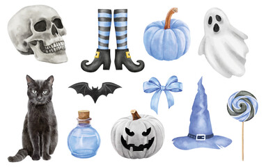 watercolor halloween set of isolated hats, bats and pumpkins on the white background