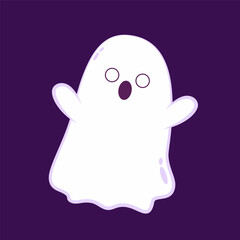 Cute ghost floating with Halloween pumpkin basket for Trick or Treat. Funny spooky boo character. Spook phantom with happy smiling face expression. Isolated kids flat vector illustration.